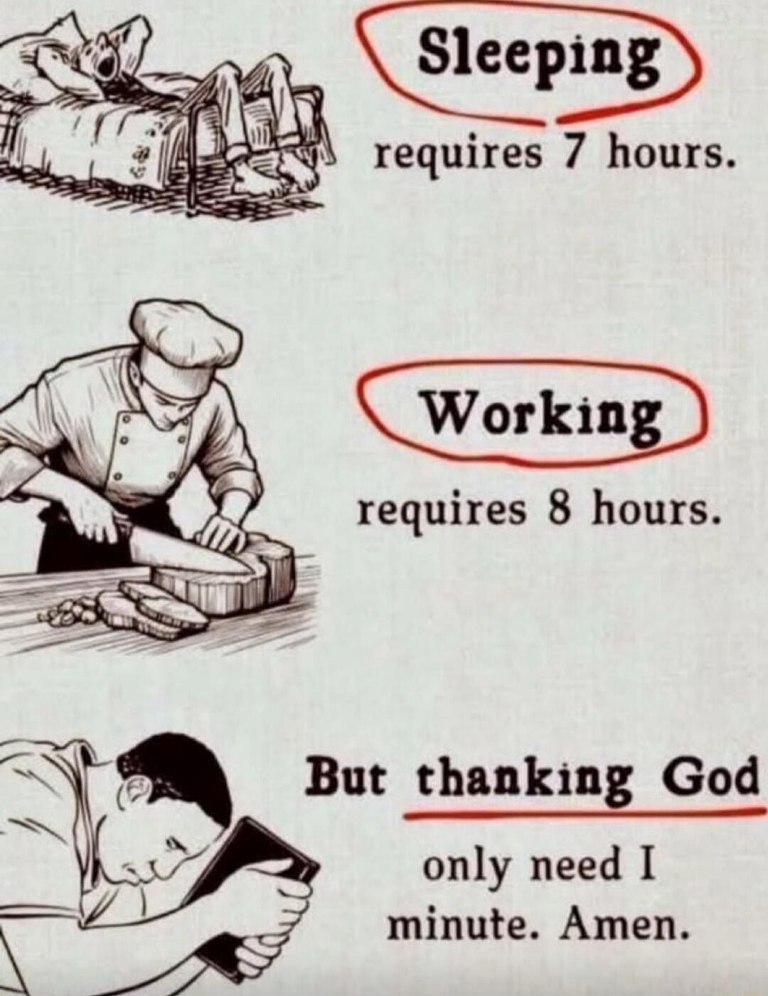 Sleeping requires 7 hours. Working requires 8 hours. But thanking God only need I minute. Amen.