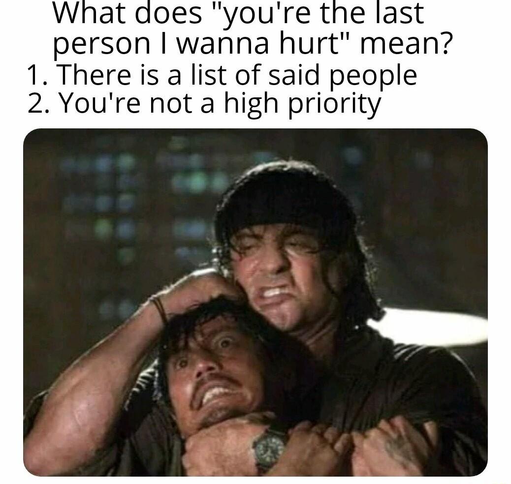 youre the last person wanna hurt mean 1 There is a list of said people 2 Youre not a high priority