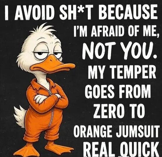 I AVOID SH*T BECAUSE I'M AFRAID OF ME, NOT YOU. MY TEMPER GOES FROM ZERO TO ORANGE JUMPSUIT REAL QUICK