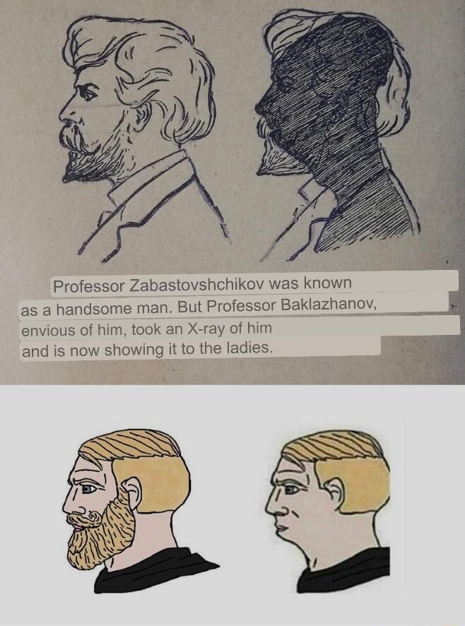 Professor Zabastovshchikov was known as a handsome man But Professor Baklazhanov envious of him took an X ray of him and is now showing it to the ladies T