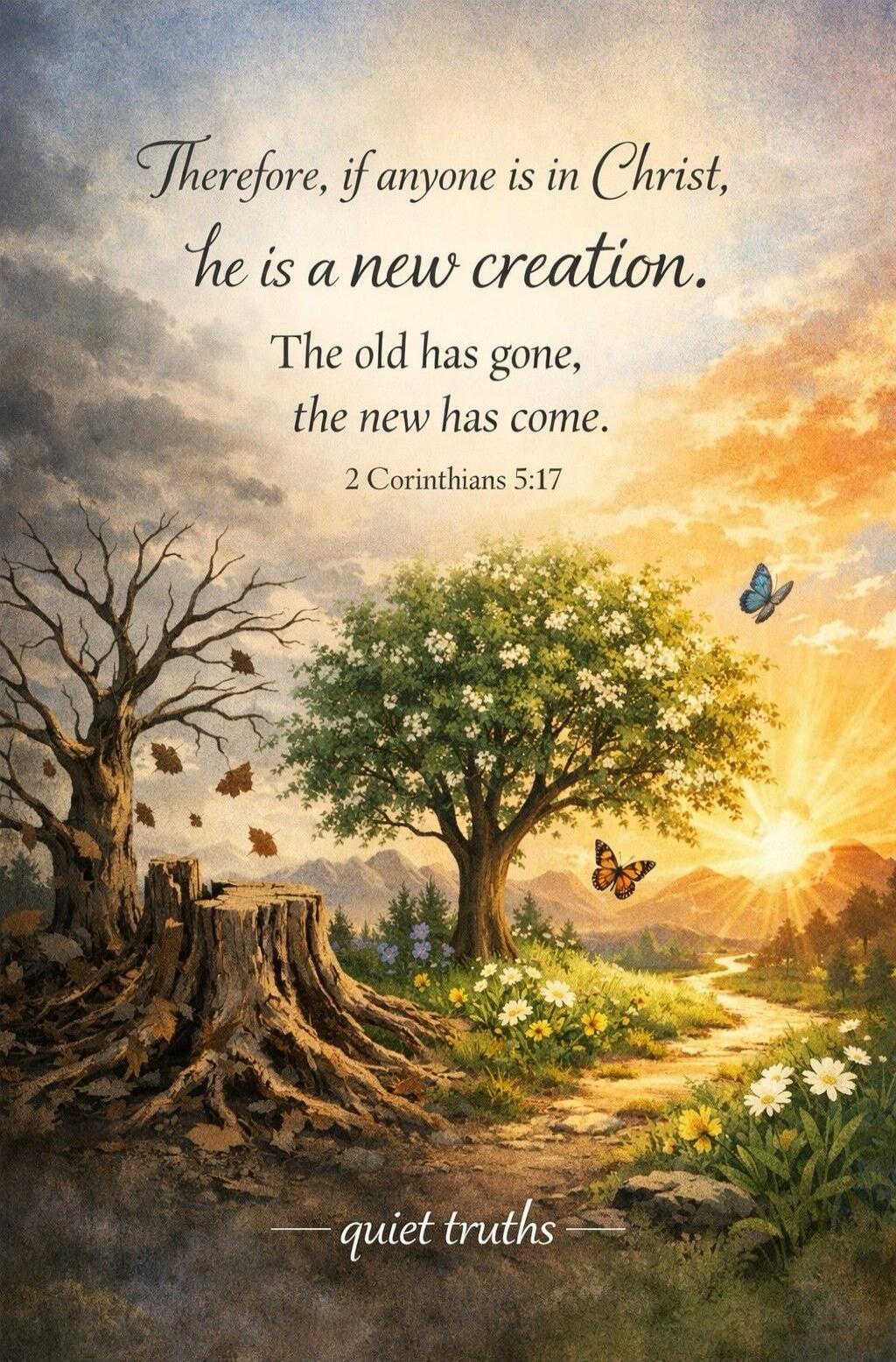 Therefore, if anyone is in Christ, he is a new creation. The old has gone, the new has come. 2 Corinthians 5:17. quiet truths