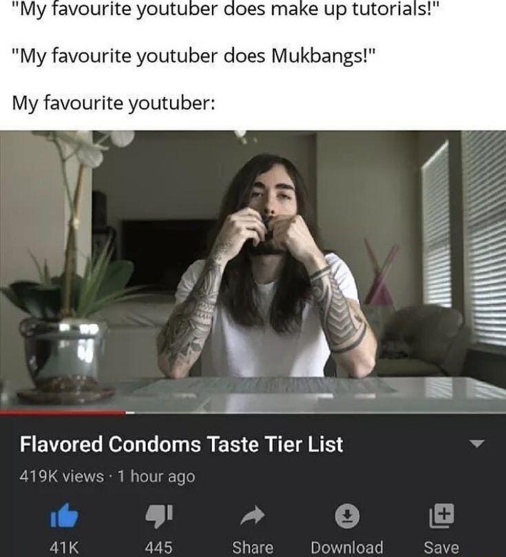 My favourite youtuber does make up tutorials My favourite youtuber does Mukbangs My favourite youtuber Ty AT F n Flavored Condoms Taste Tier List i 4 3 ATK 445 Share wnload