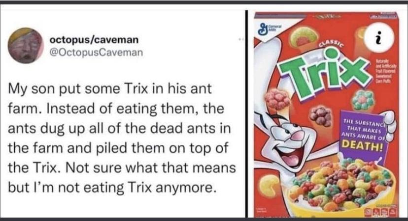octopuscaveman OctopusCaveman My son put some Trix in his ant farm Instead of eating them the e ants dug up all of the dead ants in m_d the farm and piled them on top of DATH the Trix Not sure what that means but Im not eating Trix anymore