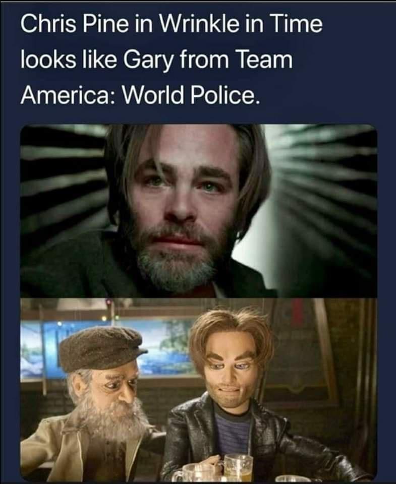 Chris Pine in Wrinkle in Time looks like Gary from Team America World Police