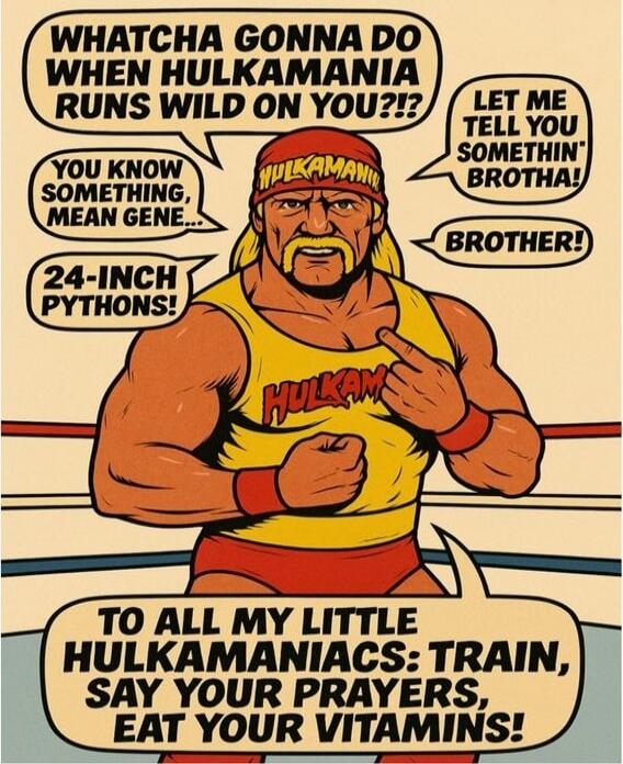 WHATCHA GONNA DO WHEN HULKAMANIA RUNS WILD ON YOU?!?\nYOU KNOW SOMETHING, MEAN GENE...\n24-INCH PYTHONS!\nLET ME TELL YOU SOMETHIN' BROTHA!\nBROTHER!\nTO ALL MY LITTLE HULKAMANIACS: TRAIN, SAY YOUR PRAYERS, EAT YOUR VITAMINS!