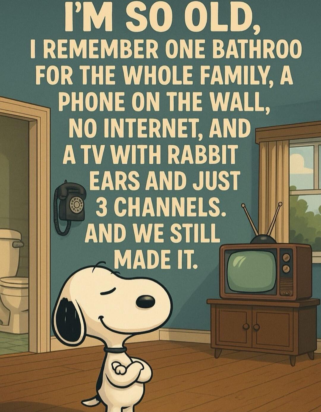 I'M SO OLD, I REMEMBER ONE BATHROOM FOR THE WHOLE FAMILY, A PHONE ON THE WALL, NO INTERNET, AND A TV WITH RABBIT EARS AND JUST 3 CHANNELS. AND WE STILL MADE IT.