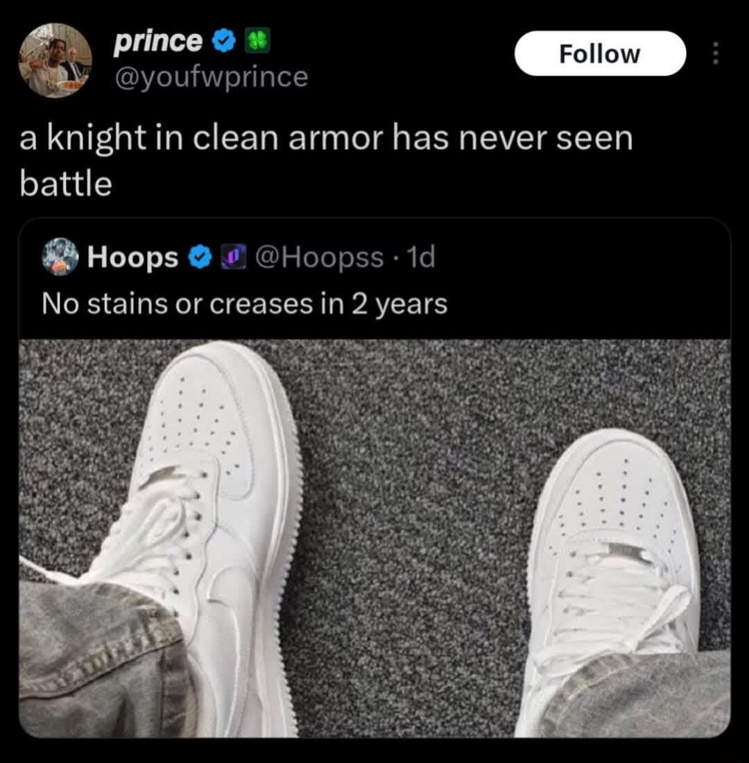 a knight in clean armor has never seen battle. No stains or creases in 2 years.