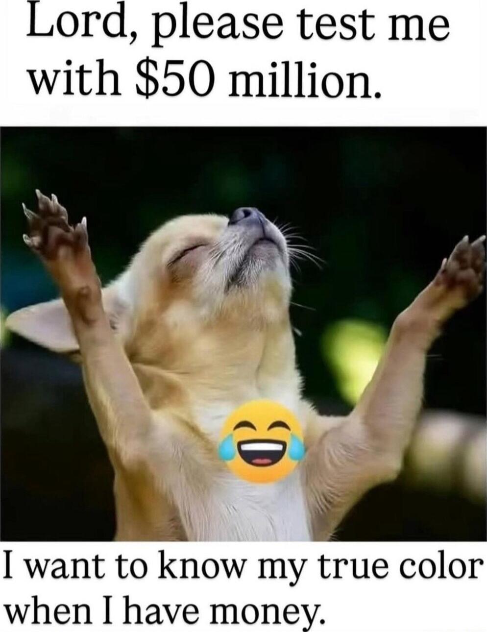 Lord, please test me with $50 million. I want to know my true color when I have money.