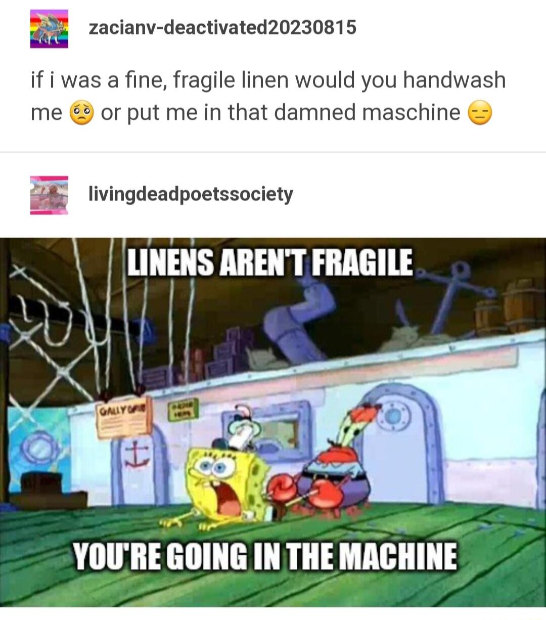 zacianv deactivated20230815 if i was a fine fragile linen would you handwash me or put me in that damned maschine i livingdeadpoetssociety YOURE GOING IN THE MACHINE 2 W A