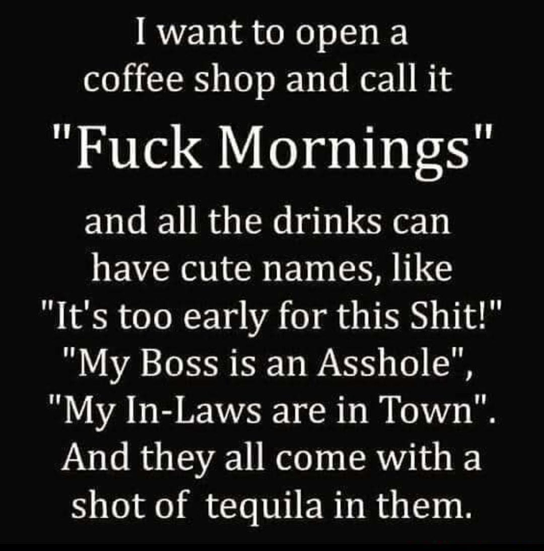 want to open a coffee shop and call it Fuck Mornings and all the drinks can have cute names like Its too early for this Shit My Boss is an Asshole My In Laws are in Town And they all come with a shot of tequila in them