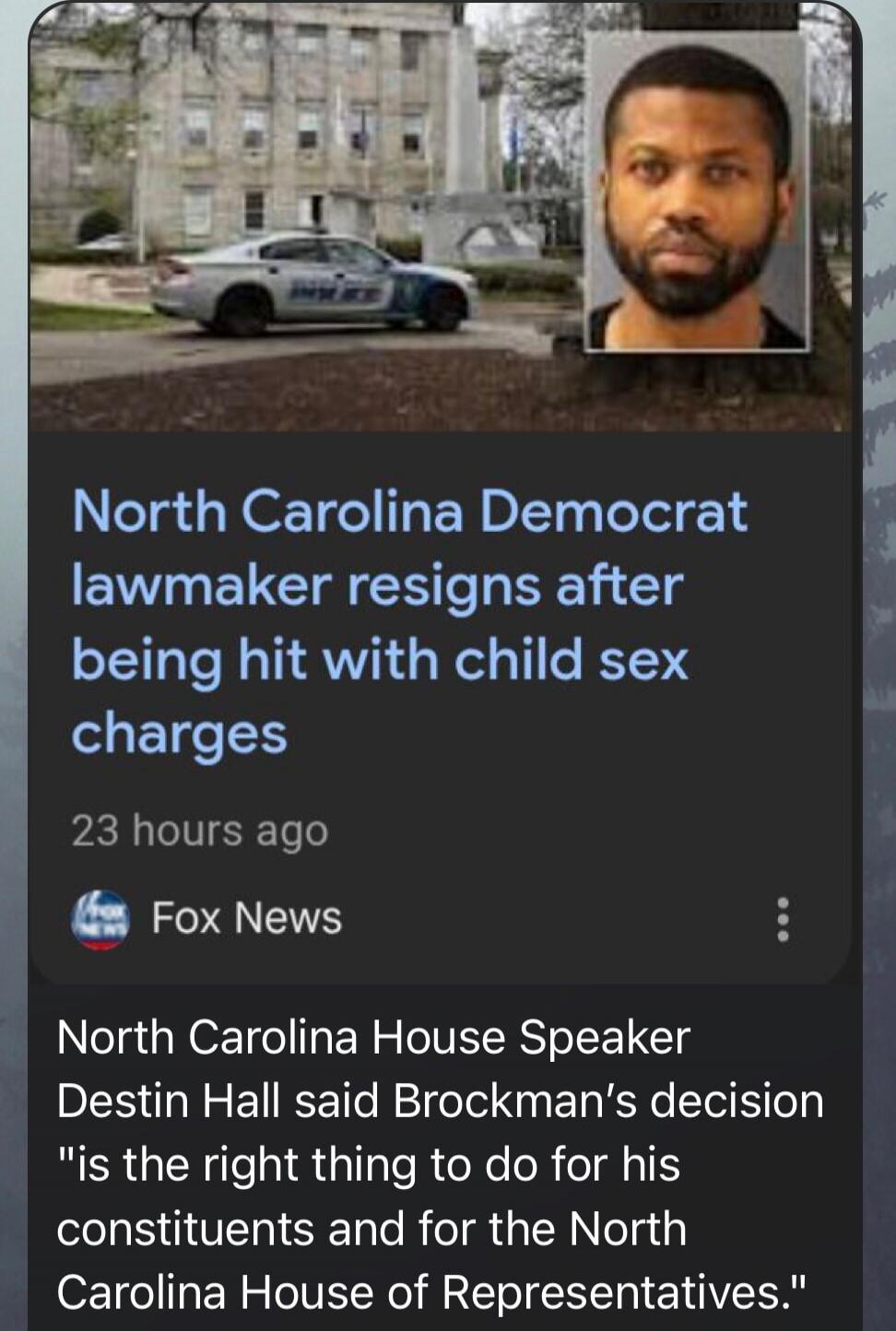 North Carolina Democrat lawmaker resigns after being hit with child sex charges

North Carolina House Speaker Destin Hall said Brockman's decision 