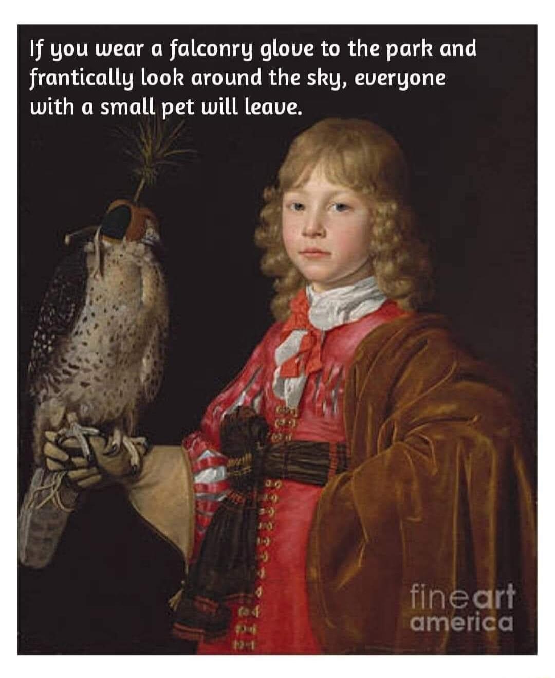 If you wear a falconry glouve to the park and frantically look around the sky everyone with a small pet will leave