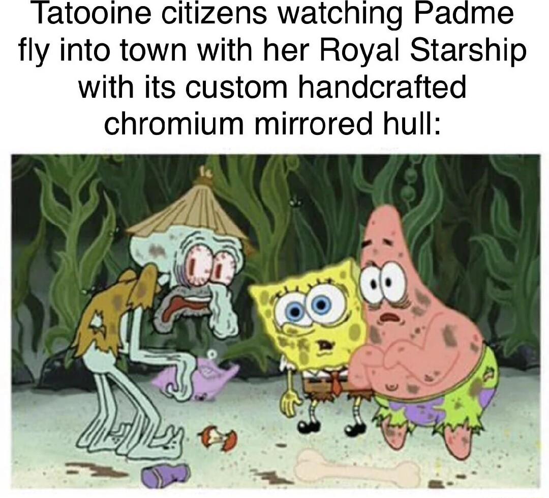 latooine citizens watching Padme fly into town with her Royal Starship with its custom handcrafted chromium mirrored hull