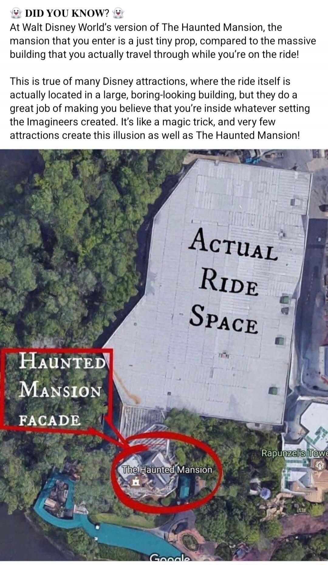 DID YOU KNOW? At Walt Disney World's version of The Haunted Mansion, the mansion that you enter is a just tiny prop, compared to the massive building that you actually travel through while you're on the ride! This is true of many Disney attractions, where the ride itself is actually located in a large, boring-looking building, but they do a great j