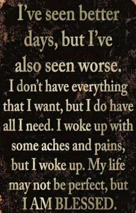 I've seen better days, but I've also seen worse. I don't have everything that I want, but I do have all I need. I woke up with some aches and pains, but I woke up. My life may not be perfect, but I AM BLESSED.