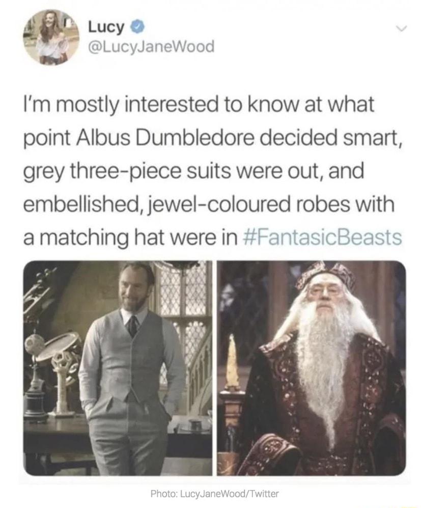 L Lucy g veyo Im mostly interested to know at what point Albus Dumbledore decided smart grey three piece suits were out and embellished jewel coloured robes with amatching hat were in FantasicBeasts