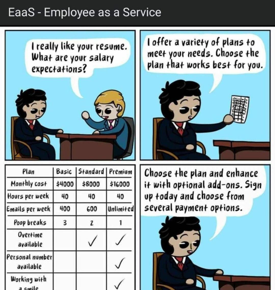 EaaS Employee as a Service offer a variety of plans to meet your needs Choose the plan hat works best for you really like your resume What are your salary expectations Basic Standard Premiom Choose he plan and enhance Monthly cost 4000 8000 16000 it with optional add ons Sign Hours perweek 4o 4o 4o up today and choose from Emails per week 400 600 untimited Sveral payment options Poop breaks 3 7 Ov