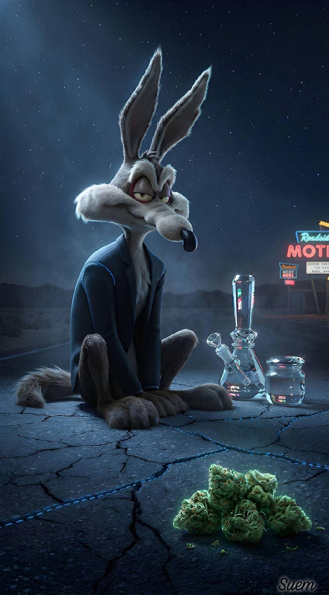 Bugs Bunny sits on a cracked desert road at night beside a bong-like device and a jar of liquid, with a pile of cannabis buds in the foreground. A neon Motel sign glows in the distance.