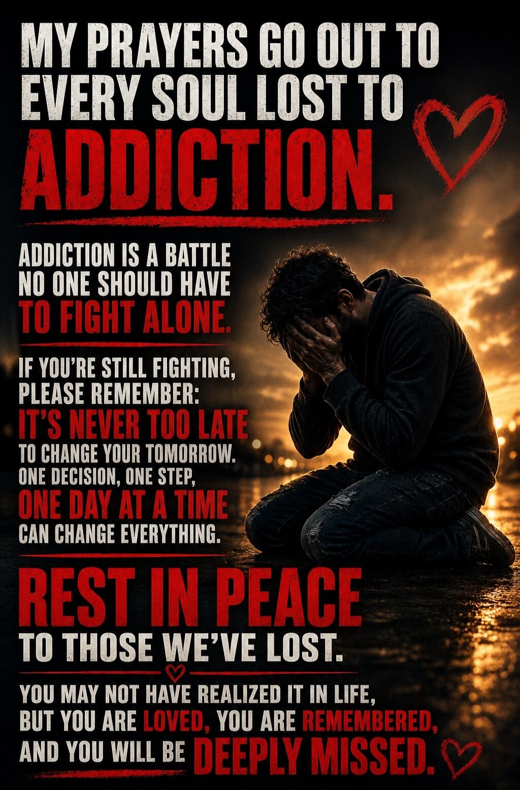 MY PRAYERS GO OUT TO EVERY SOUL LOST TO ADDICTION. ADDICTION IS A BATTLE NO ONE SHOULD HAVE TO FIGHT ALONE. IF YOU'RE STILL FIGHTING, PLEASE REMEMBER: IT'S NEVER TOO LATE TO CHANGE YOUR TOMORROW. ONE DECISION, ONE STEP, ONE DAY AT A TIME CAN CHANGE EVERYTHING. REST IN PEACE TO THOSE WE'VE LOST. YOU MAY NOT HAVE REALIZED IT IN LIFE, BUT YOU ARE LOVE