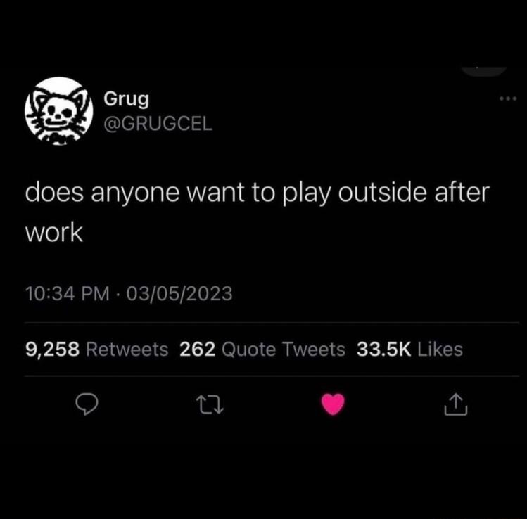 tj ggucca does anyone want to play outside after Wl 3 1034 PM 03052023 9258 Retweets 262 Quote Tweets 335K Likes o p 2 v