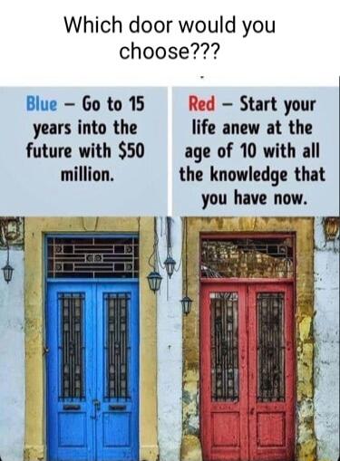 Which door would you choose Blue Go to 15 Red Start your years into the life anew at the future with 50 age of 10 with all million the knowledge that E 1 i _ et