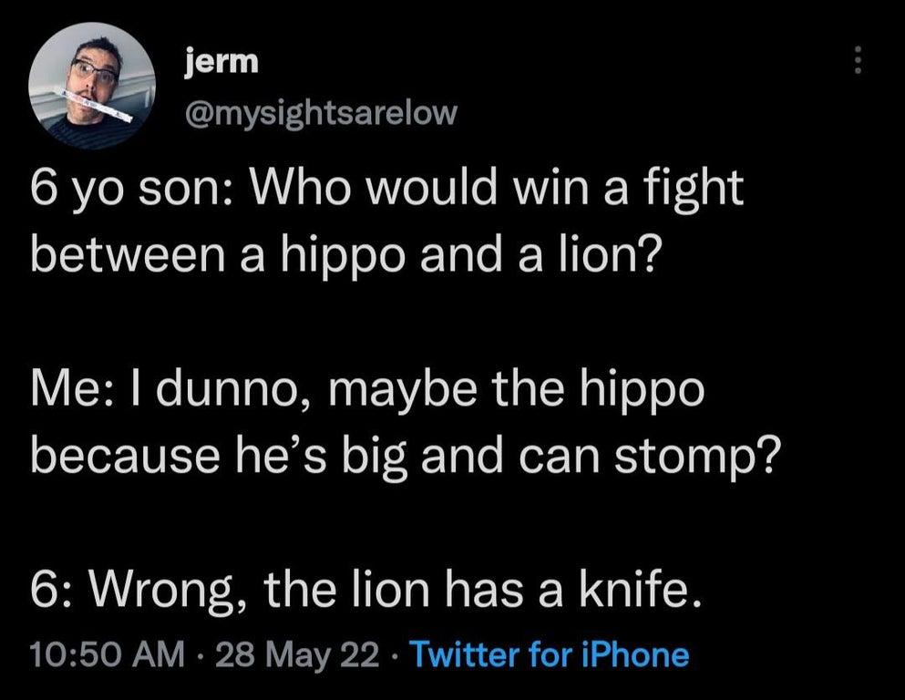 o I EETE CAVoXTea BRI o ToRV61V e RWVITO R g oLTANETT W Wl o oo R Tale RWiTela Vs VITR e ValaTe M FY o ISR daH g o o olTo TN ET Na H o FoR Tolo Mor 1a K1 o0 o 4 6 Wrong the lion has a knife 1050 AM 28 May 22 Twitter for iPhone