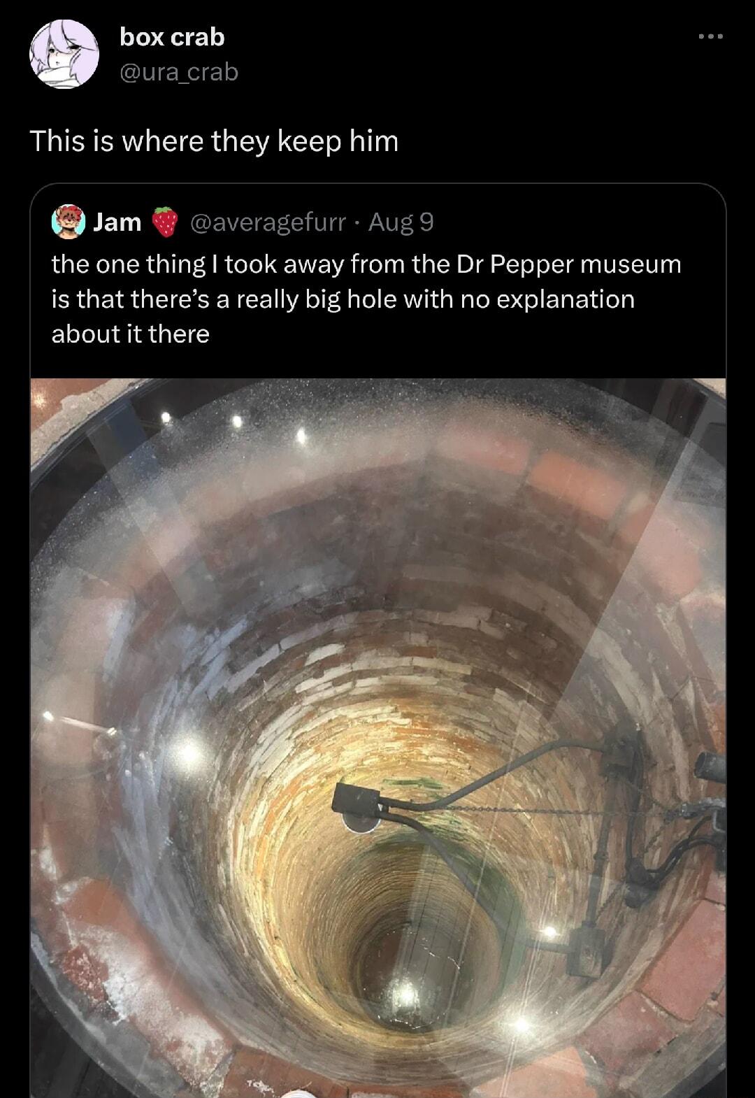 box crab ET This is where they keep him am the one thing took away from the Dr Pepper museum is that theres a really big hole with no explanation about it there
