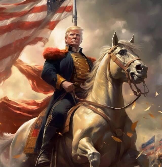 A man in a military uniform with a red fur collar rides a white horse, holding the reins as an American flag waves in the background amid a dramatic, smoky scene.