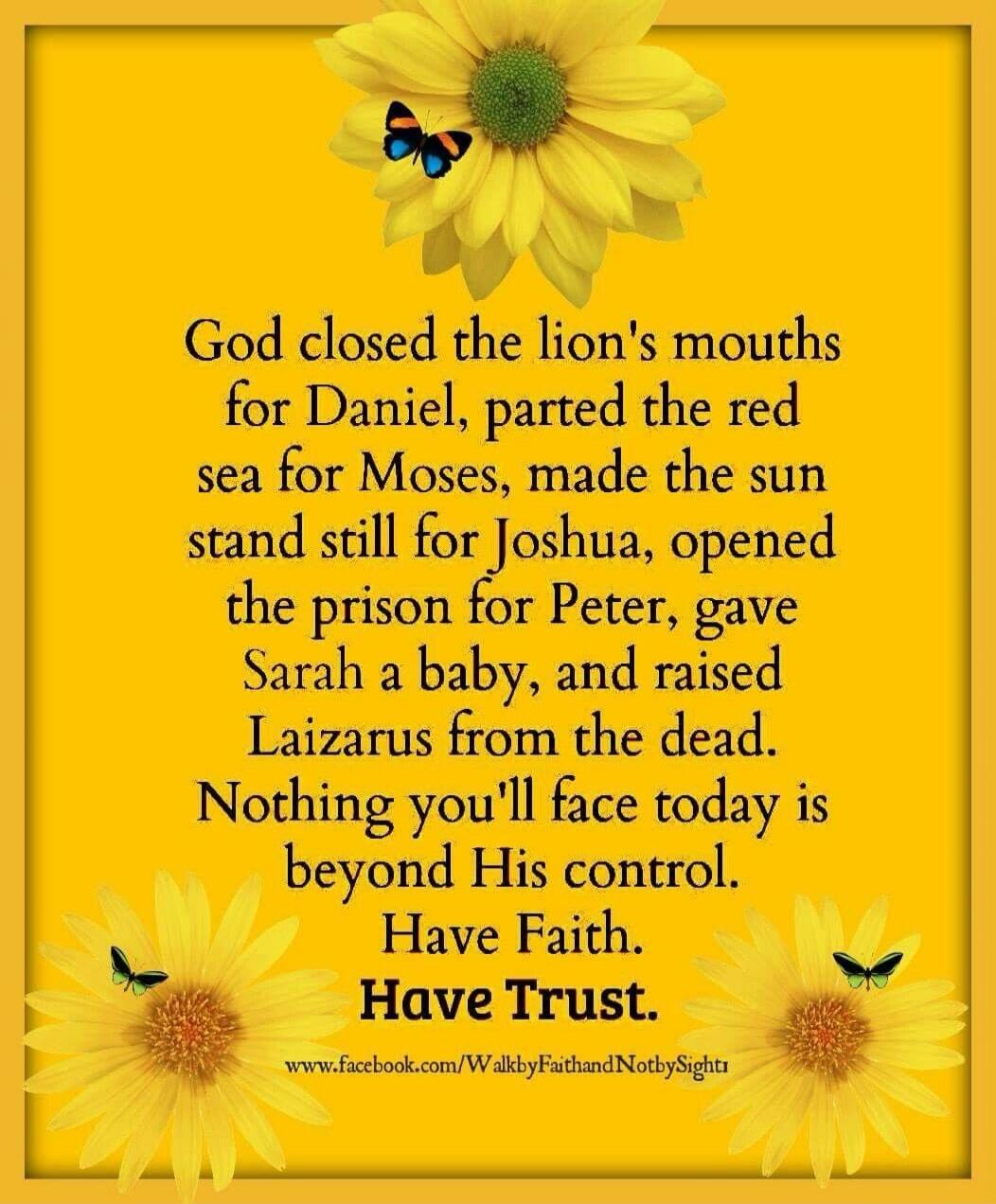God closed the lion's mouths for Daniel, parted the red sea for Moses, made the sun stand still for Joshua, opened the prison for Peter, gave Sarah a baby, and raised Lazarus from the dead. Nothing you'll face today is beyond His control. Have Faith. Have Trust. www.facebook.com/WalkbyFaithandNotbySight