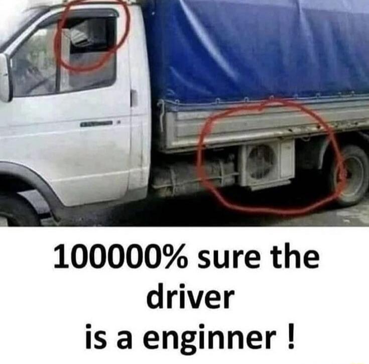 1000000% sure the driver is a enginner ! A truck is shown with a window air conditioner unit installed in the passenger side window of the cabin, and the outdoor unit of the air conditioner is mounted underneath the truck bed.