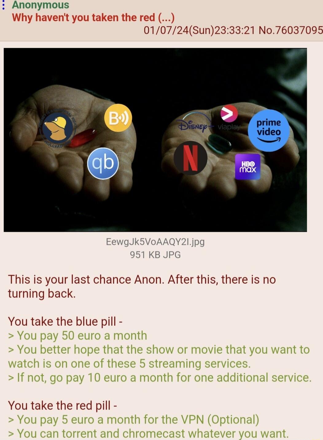 Anonymous Why havent you taken the red 010724Sun233321 No76037095 This is your last chance Anon After this there is no turning back You take the blue pill You take the red pill