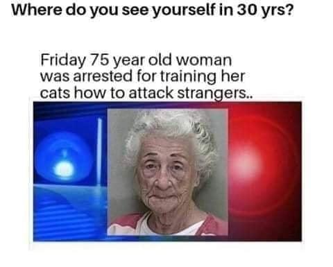 Where do you see yourself in 30 yrs Friday 75 year old woman was arrested for training her cats how to attack strangers