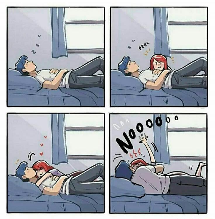 Panel sequence of a couple in bed: they’re sleeping together, the girl peeks, then the girl and guy cuddle, and in the final panel the girl exclaims dramatically with arms raised (Noooo).
