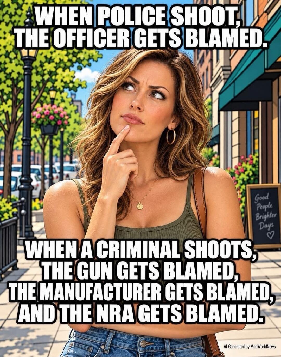 WHEN POLICE SHOOT, THE OFFICER GETS BLAMED. WHEN A CRIMINAL SHOOTS, THE GUN GETS BLAMED, THE MANUFACTURER GETS BLAMED, AND THE NRA GETS BLAMED. Good People Brighter Days. AI Generated by MadWorldNews.
