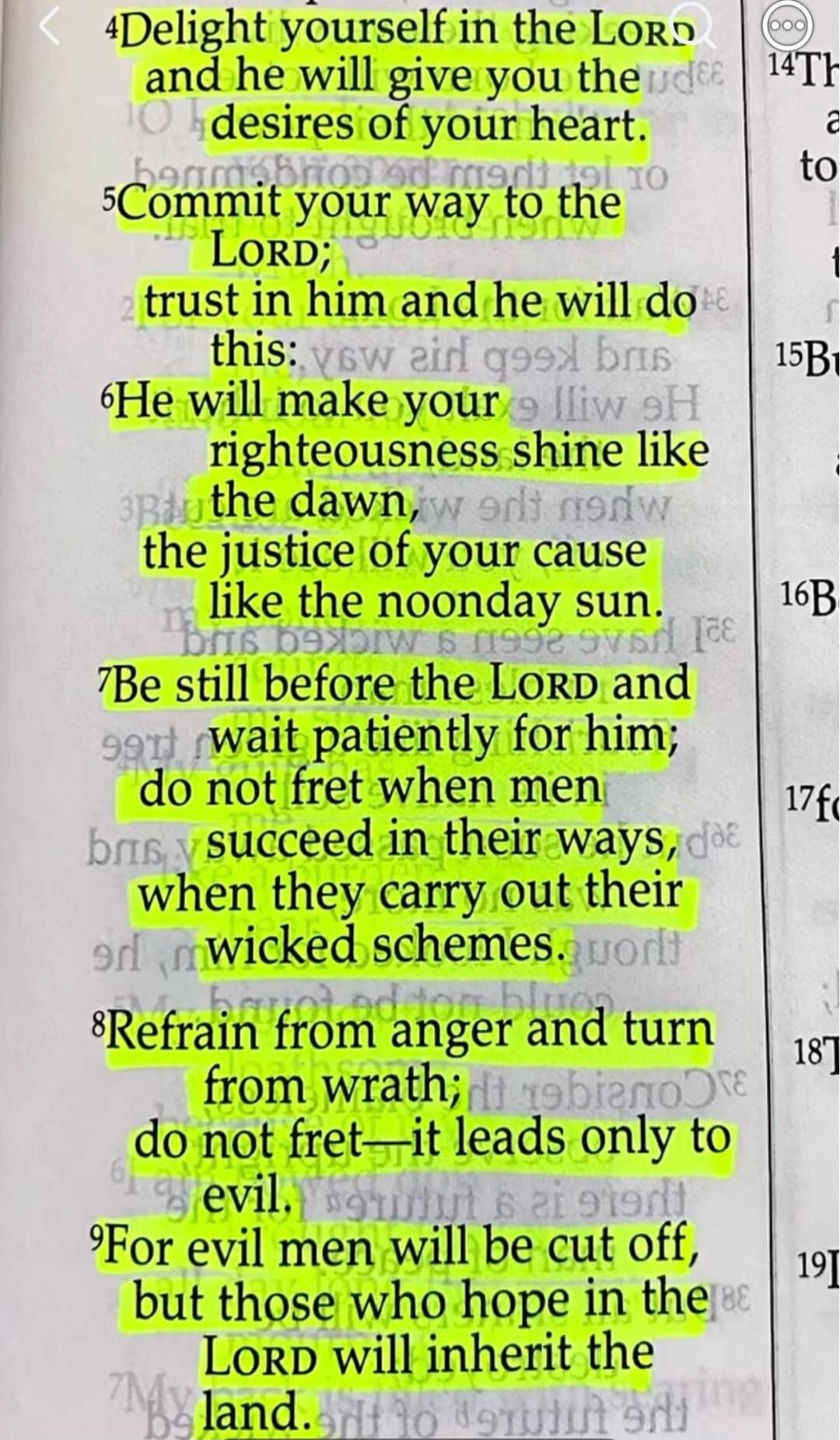 Delight yourself in the LORD and he will give you the desires of your heart. Commit your way to the LORD; trust in him and he will do this: He will make your righteousness shine like the dawn, the justice of your cause like the noonday sun. Be still before the LORD and wait patiently for him; do not fret when men succeed in their ways, when they ca
