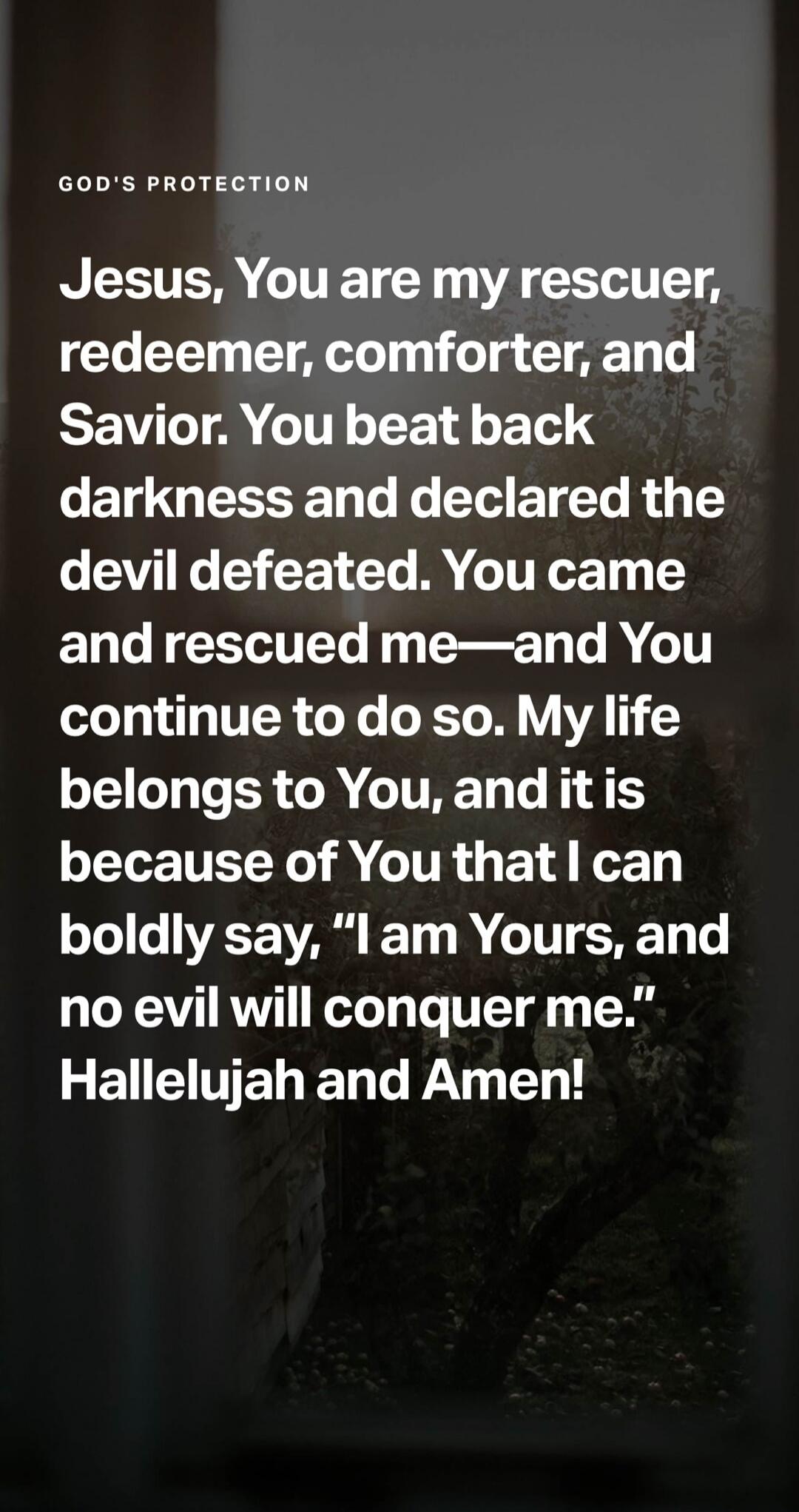 GOD'S PROTECTION Jesus, You are my rescuer, redeemer, comforter, and Savior. You beat back darkness and declared the devil defeated. You came and rescued me—and You continue to do so. My life belongs to You, and it is because of You that I can boldly say, 