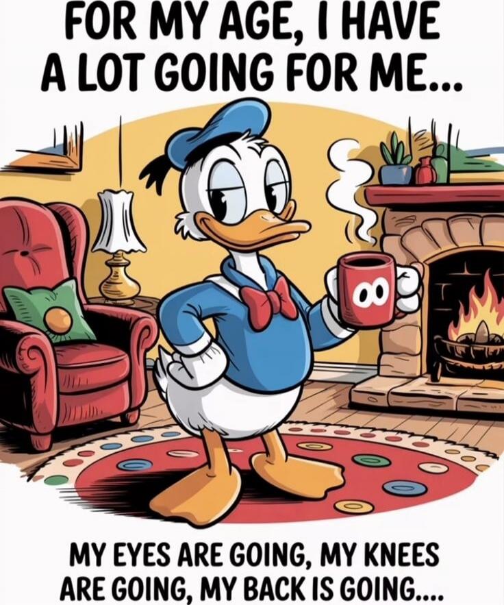FOR MY AGE, I HAVE A LOT GOING FOR ME... MY EYES ARE GOING, MY KNEES ARE GOING, MY BACK IS GOING....