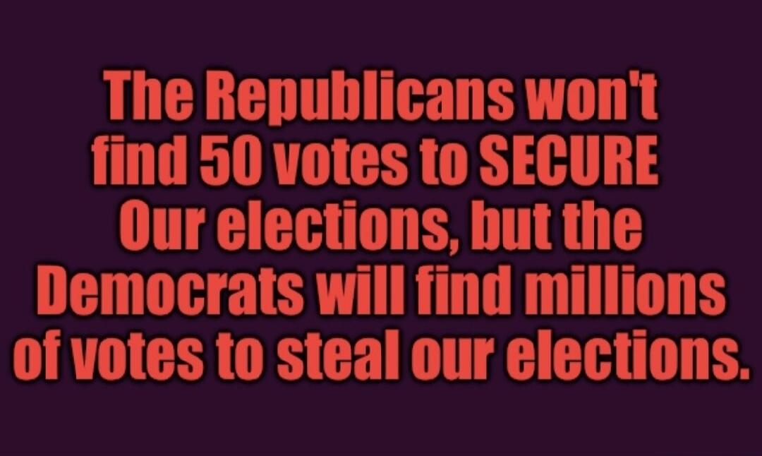 The Republicans won't find 50 votes to SECURE Our elections, but the Democrats will find millions of votes to steal our elections.