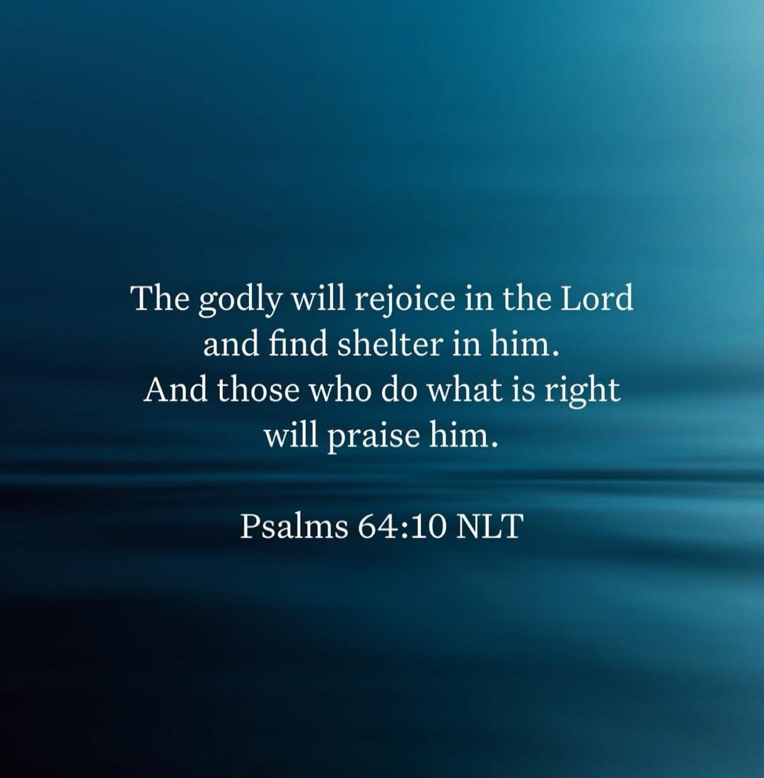 The godly will rejoice in the Lord and find shelter in him. And those who do what is right will praise him. Psalms 64:10 NLT