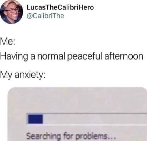 LucasTheCalibriHero CalibriThe Me Having a normal peaceful afternoon My anxiety B Searching for problems
