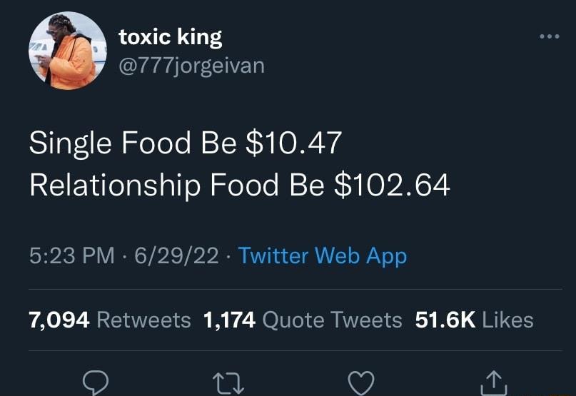toxic king 0 77Tjorgeivan Single Food Be 1047 Relationship Food Be 10264 523 PM 62922 Twitter Web App 7094 Retweets 1174 Quote Tweets 516K Likes O i O 2