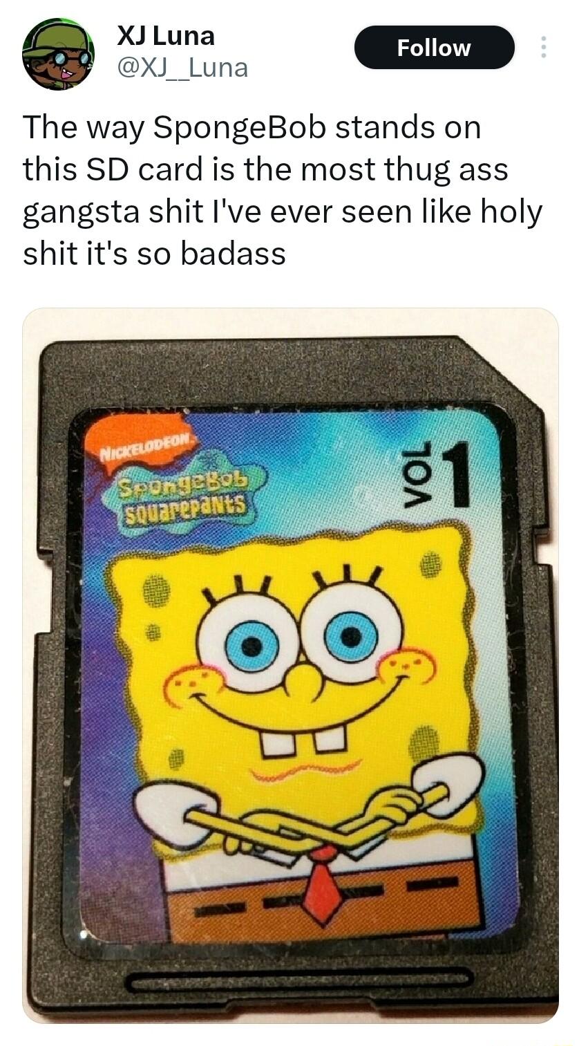 XJ_Luna The way SpongeBob stands on this SD card is the most thug ass gangsta shit Ive ever seen like holy shitits so badass