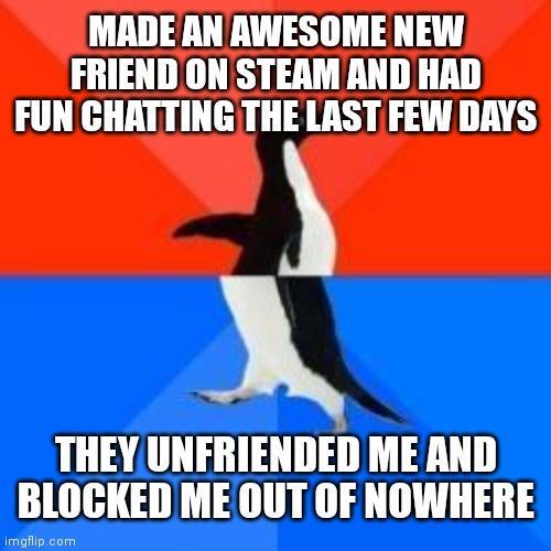 MADE AN AWESOME NEW FRIEND ONSTEAM AND HAD FUN CHATTING THE LAST FEW DAYS THEY UNFRIENDED ME AND BLOGKED ME OUT OF NOWHERE il