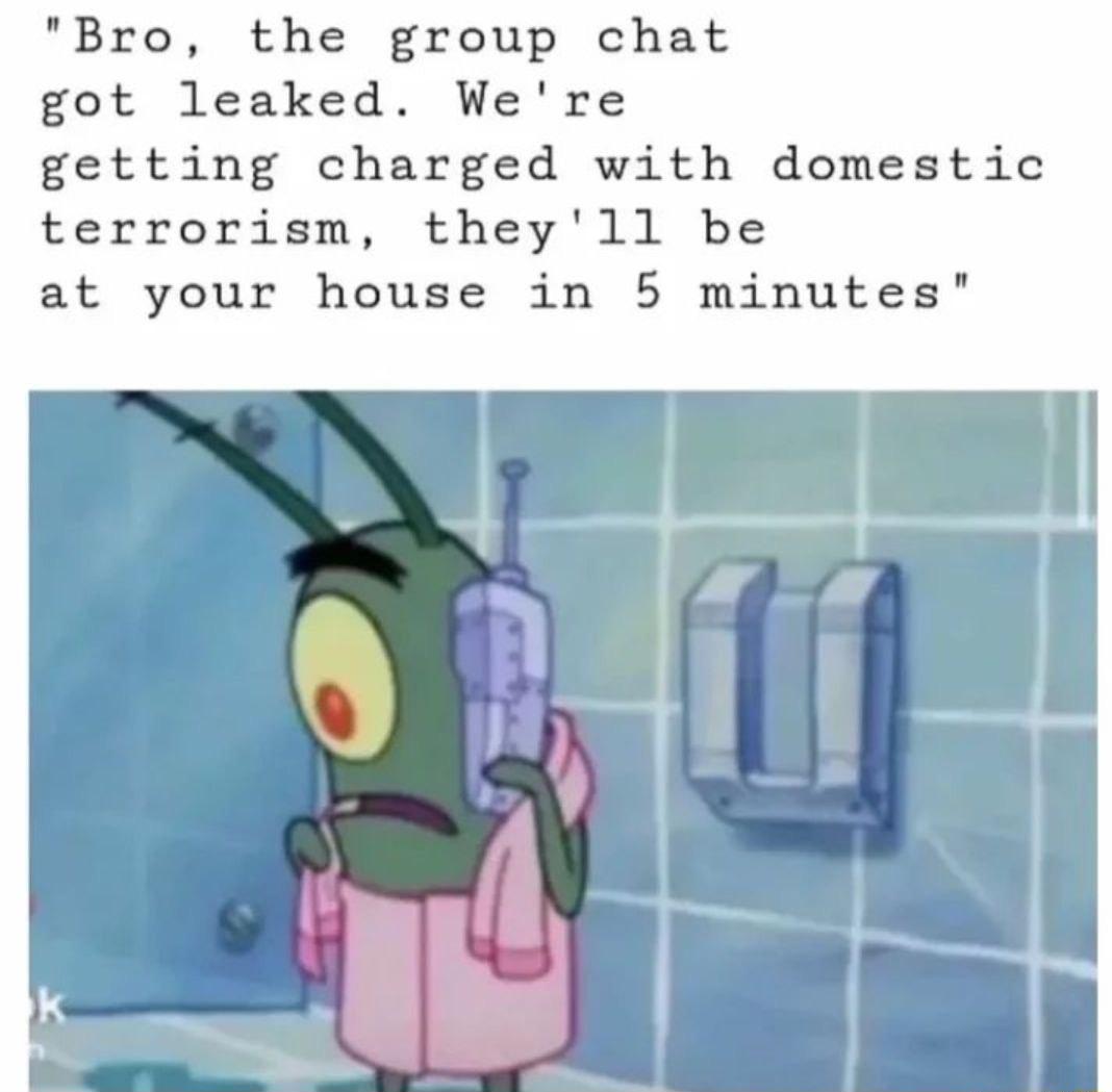 Bro the group chat got leaked Were getting charged with domestic terrorism theyll be at your house in 5 minutes