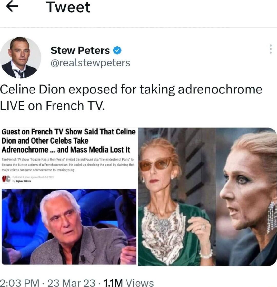 Tweet Stew Peters realstewpeters Celine Dion exposed for taking adrenochrome LIVE on French TV Guest on French TV Show Said That Celine Dion and Other Celebs Take Adrenochrome and Mass Media Lost It 203 PM 23 Mar 23 11M Views