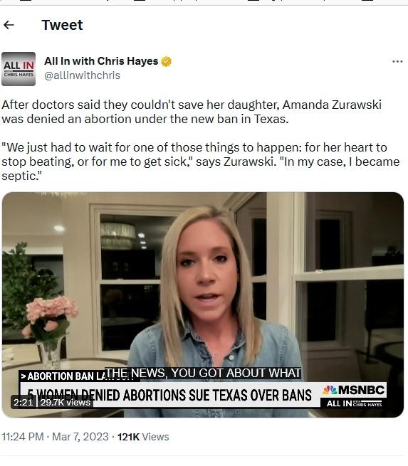 Tweet AllIn with Chris Hayes After doctors said they couldnt save her daughter Amanda Zurawski was denied an abortion under the new ban in Texas We just had to wait for one of those things to happen for her heart to stop beating or for me to get sick says Zurawski In my case became septic ABORTION BAN LLTHE NEWS WEALBENIED ABORTIONS SUE TEXAS OVER BANS
