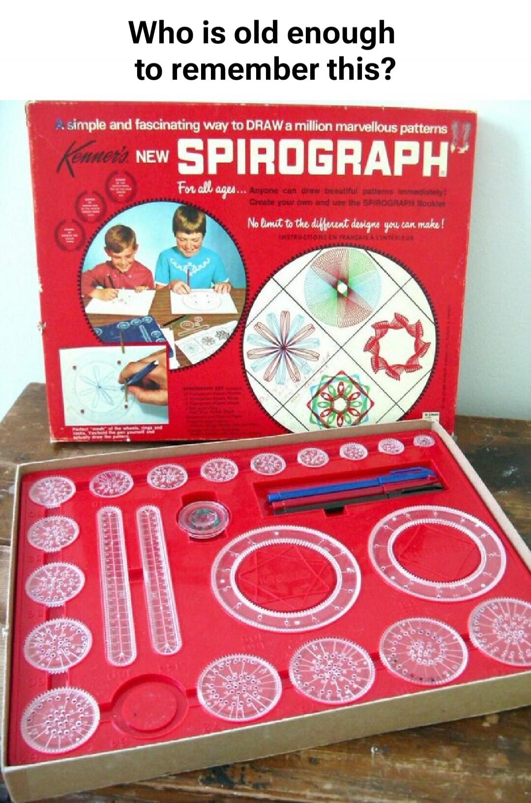 Who is old enough to remember this? NEW SPIROGRAPH for all ages A simple and fascinating way to DRAW a million marvellous patterns No limit to the different designs you can make