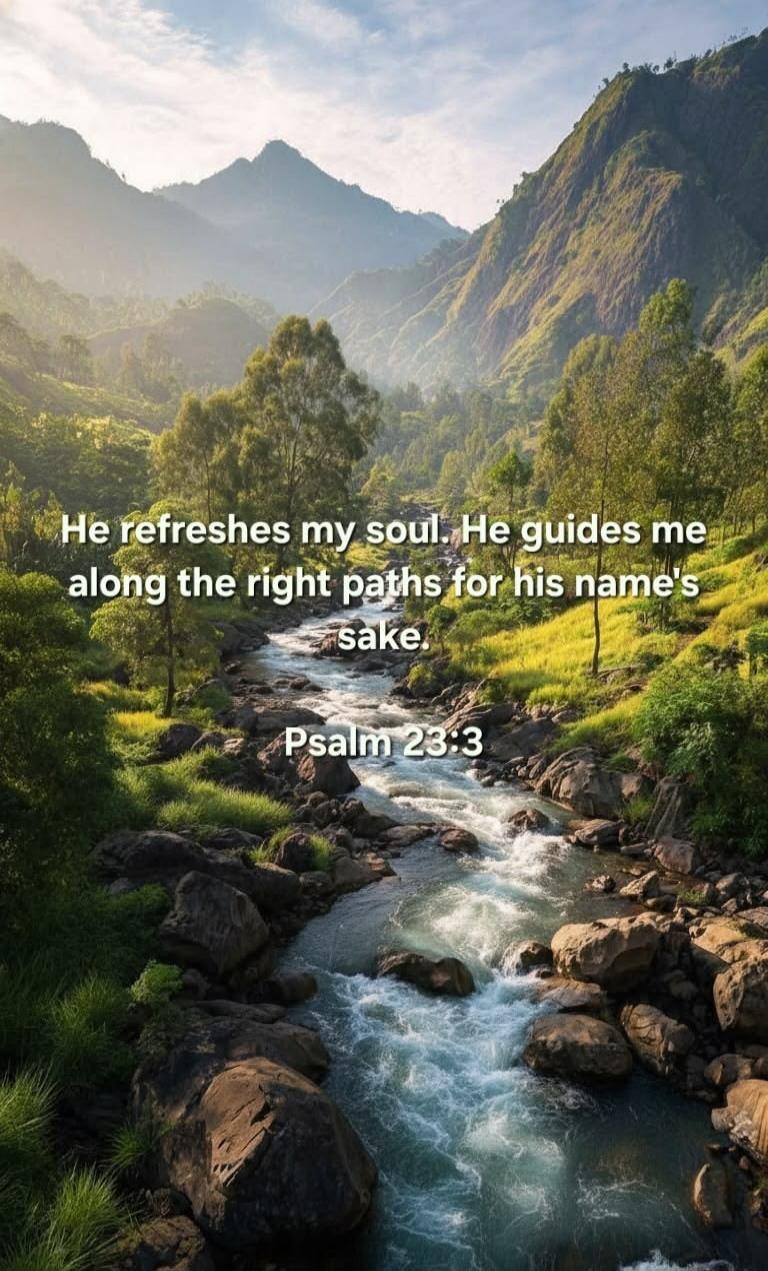 He refreshes my soul. He guides me along the right paths for his name's sake. Psalm 23:3