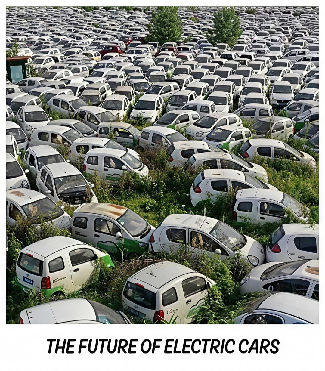 The future of electric cars. A vast field filled with numerous abandoned and overgrown small electric cars, suggesting a commentary on the challenges or oversupply in the electric vehicle market.