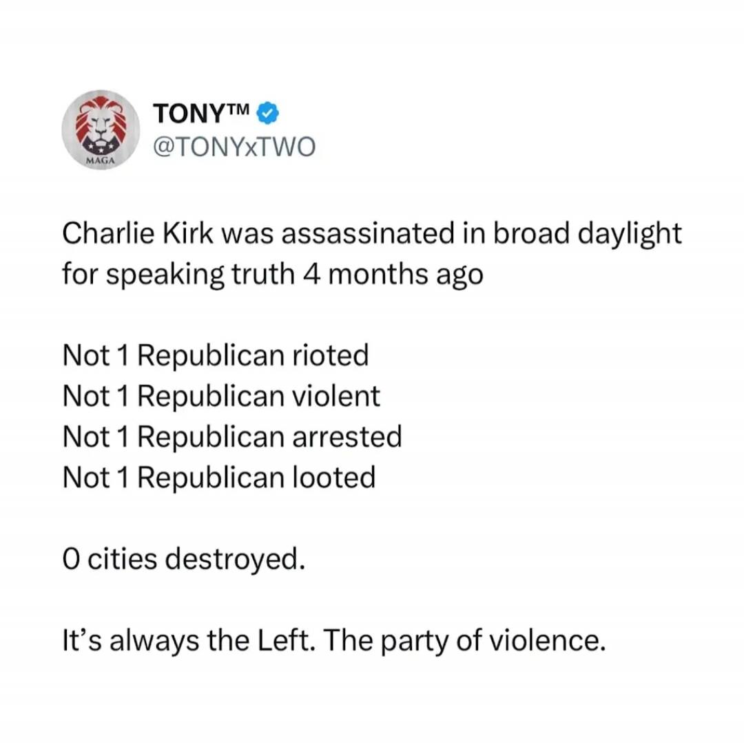 Charlie Kirk was assassinated in broad daylight for speaking truth 4 months ago

Not 1 Republican rioted
Not 1 Republican violent
Not 1 Republican arrested
Not 1 Republican looted

0 cities destroyed.

It's always the Left. The party of violence.